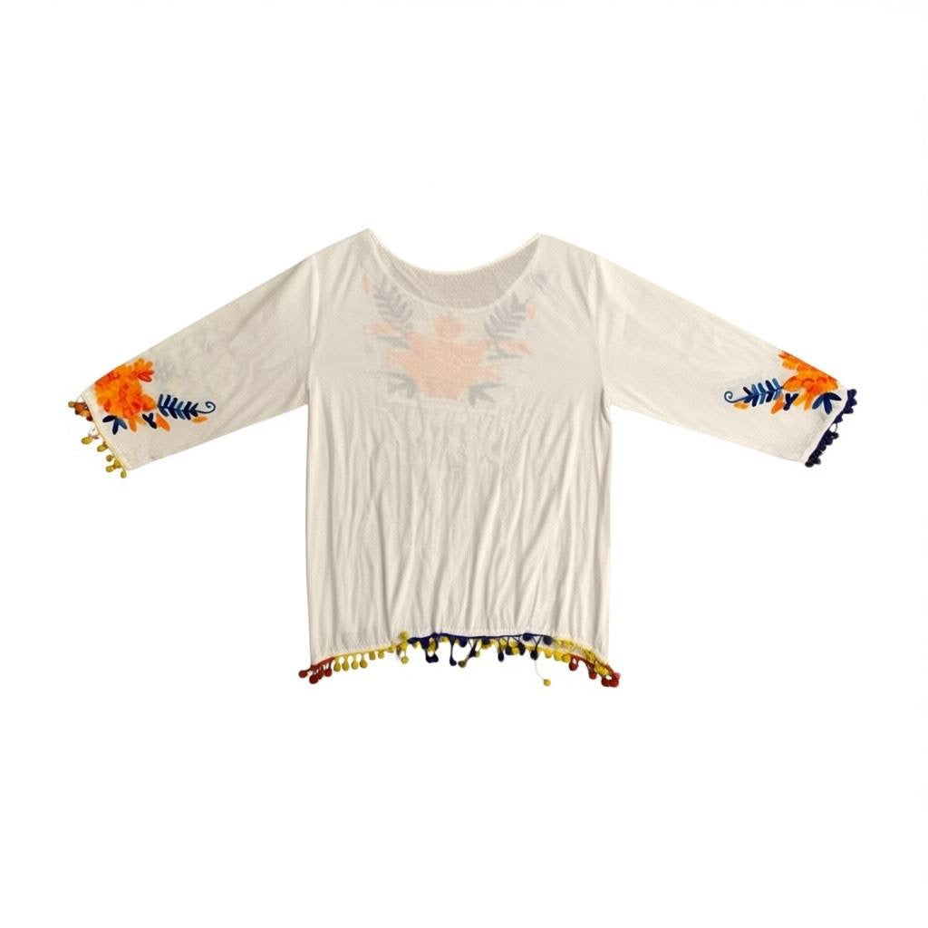 Blusa intervenida con tejido artesano tradicional Chiapaneco