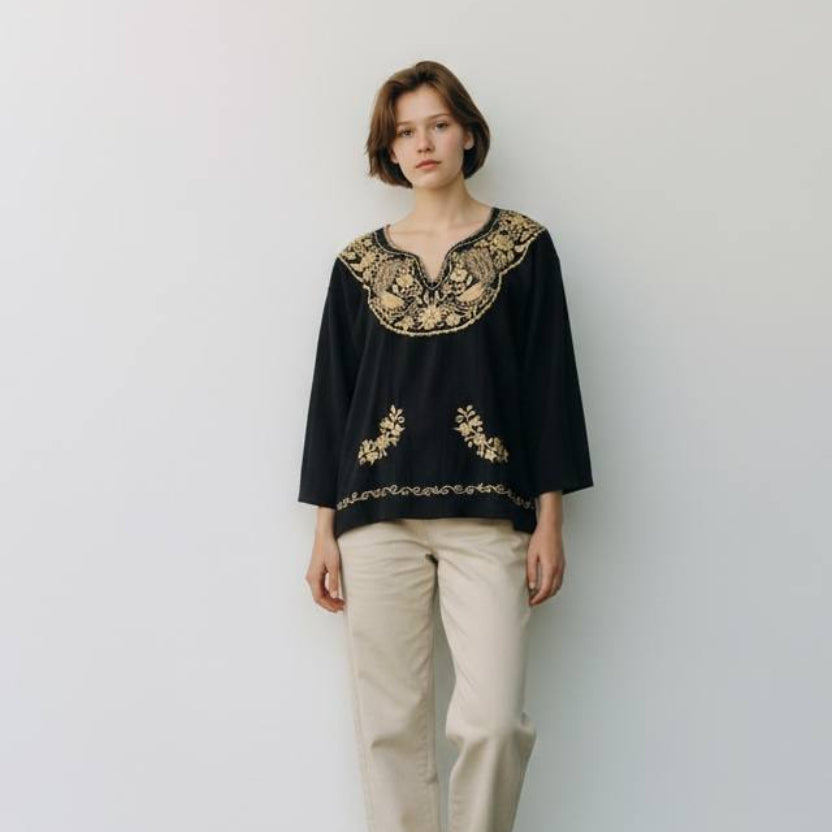 Blusa tradicional mexicana bordada negro / dorado