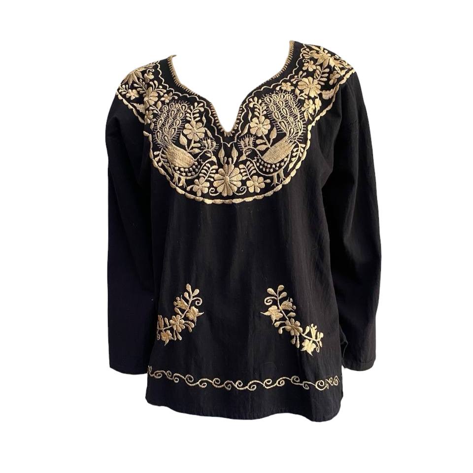 Blusa tradicional mexicana bordada negro / dorado