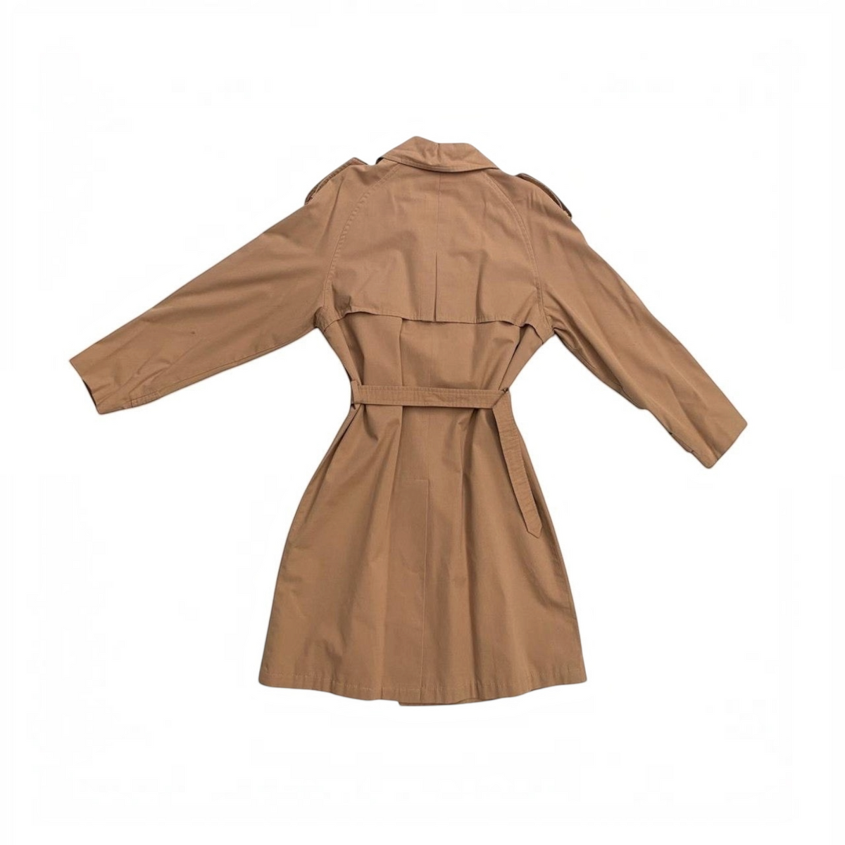 Gabardina trench coat color beige de la marca Bruno Corza con cinturón y solapas, vista trasera