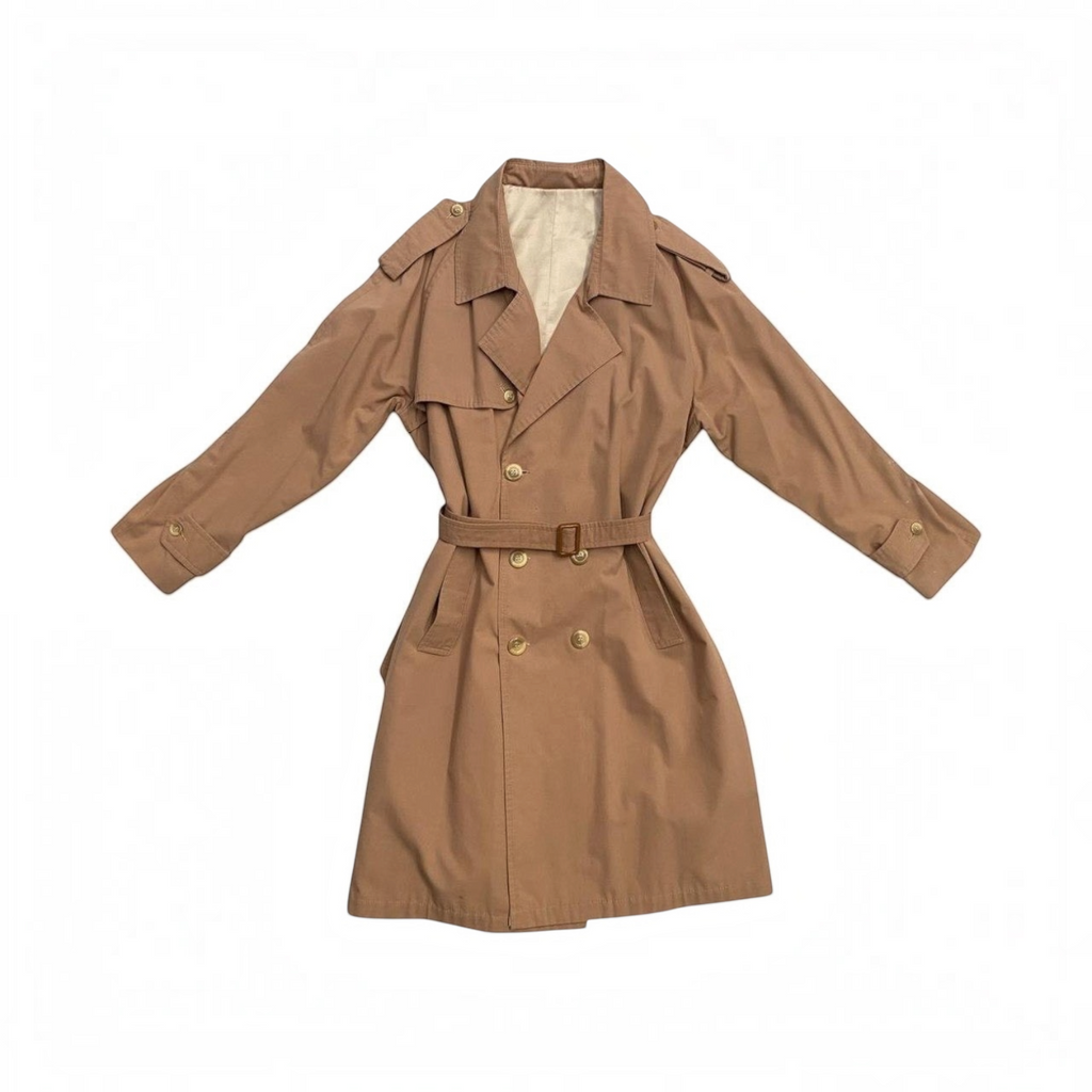 Gabardina trench coat color café de Bruno Corza disponible con cinturón y botones frontales