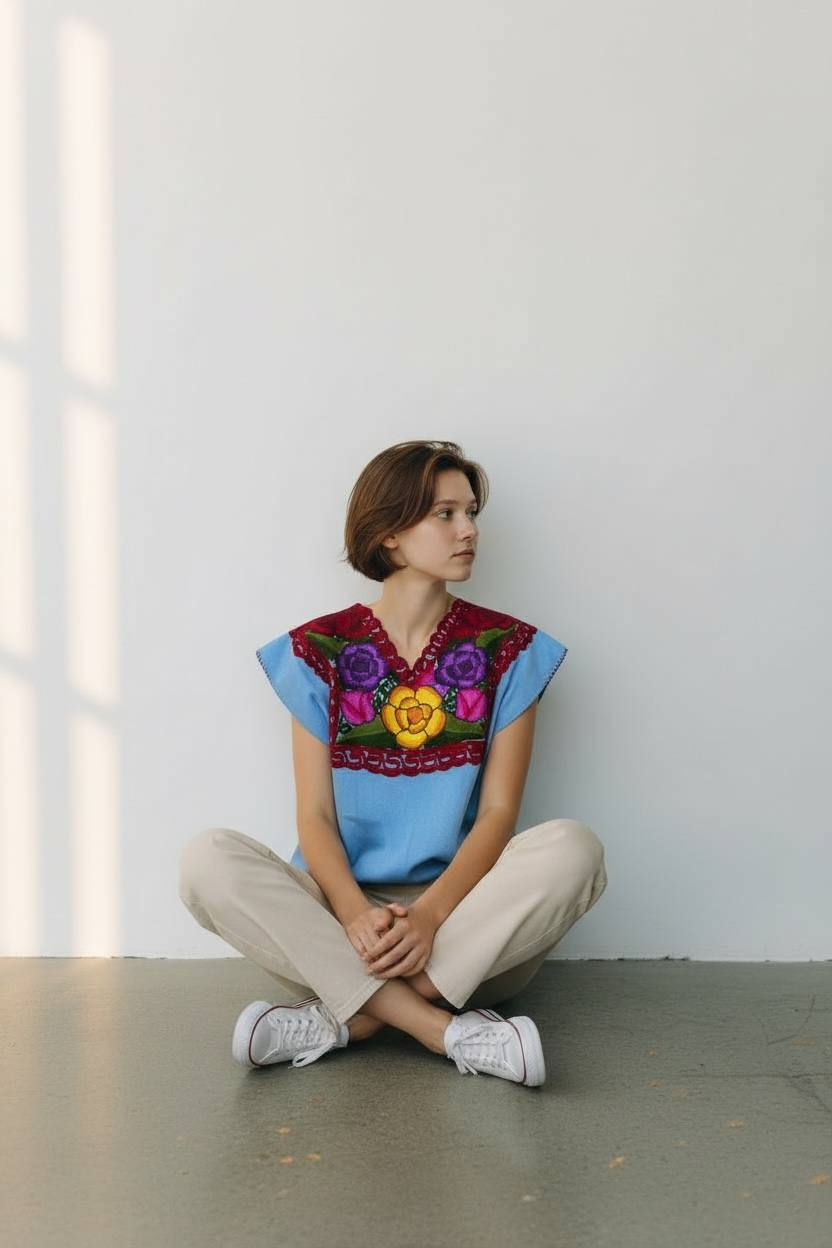 Blusa artesanal azul con bordado a mano