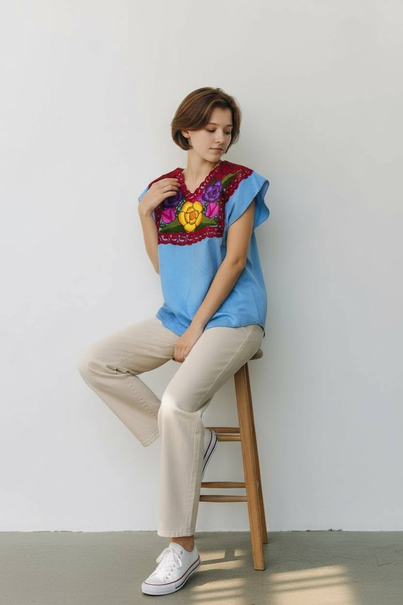 Blusa artesanal azul con bordado a mano